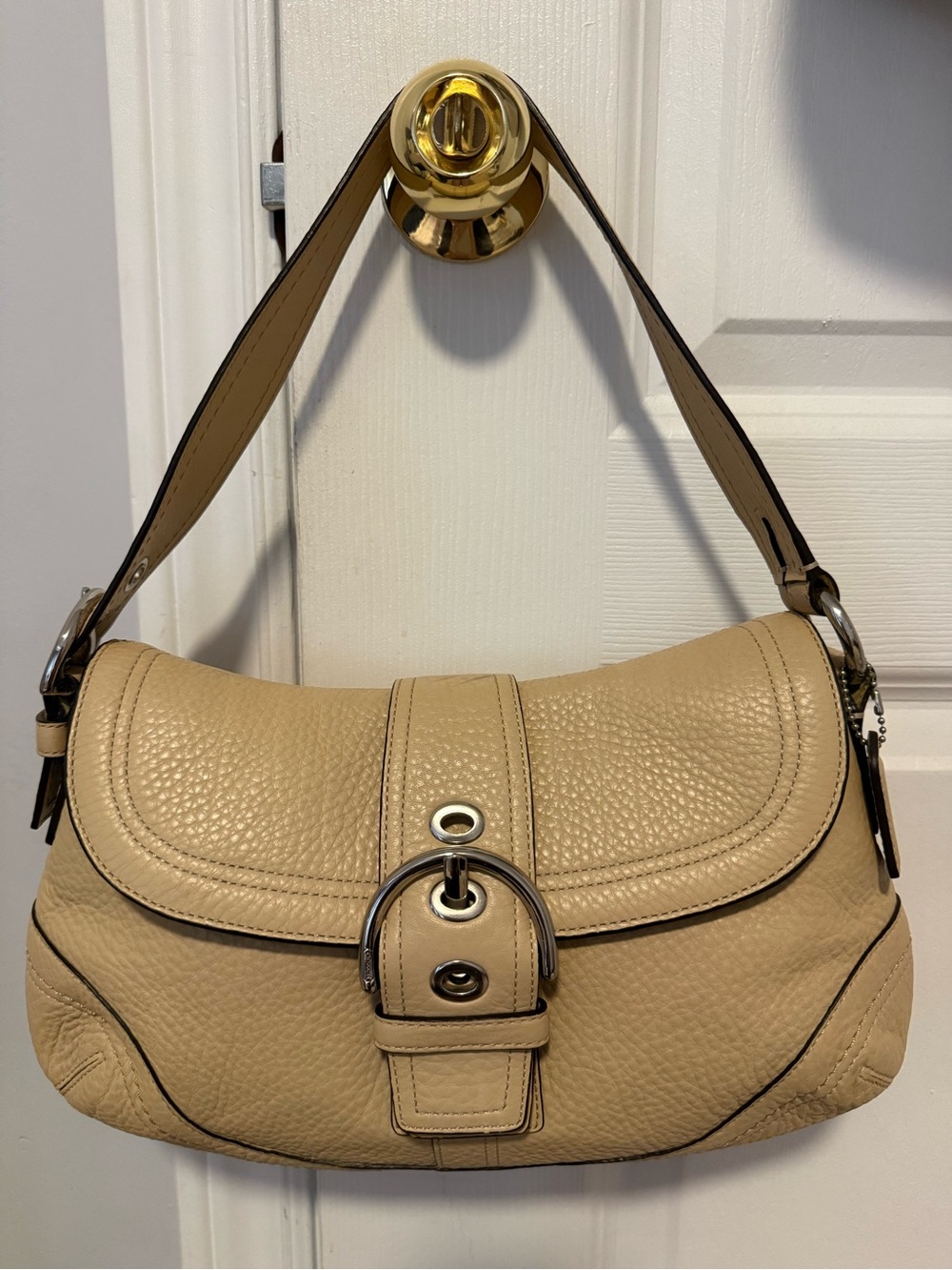 Coach Beige Pebbled Leather Shoulder Bag with Silver-Tone Hardware